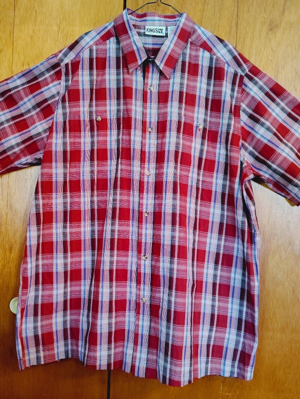 King Size Men's 2XL Shirt Red Plaid Short Sleeve Button Front